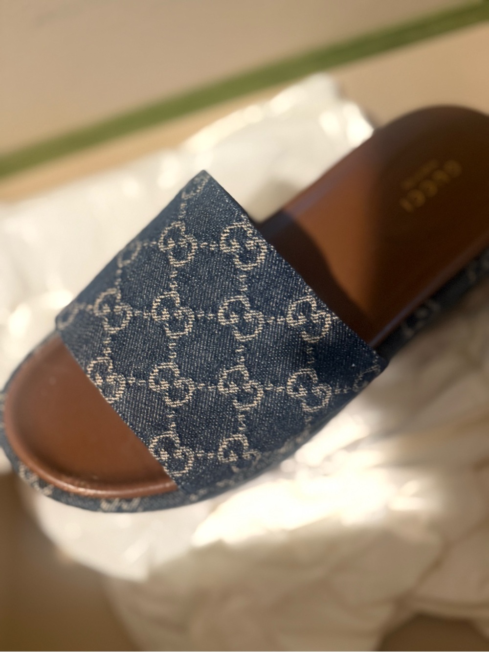 Gucci Denim GG Logo Slide Sandals in Blue with Brown Footbed - Picture 5 of 5